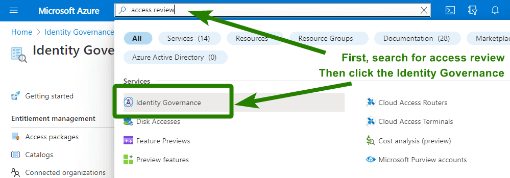 Entering Identity Governance in the Azure portal